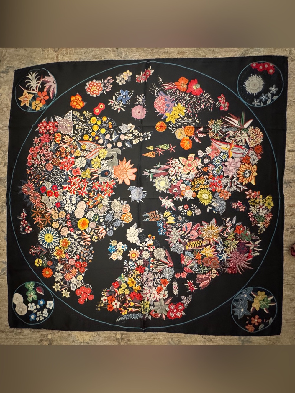New Designer-Style 90cm Floral Silk Scarf in Navy Blue with Multicolor Blooms
